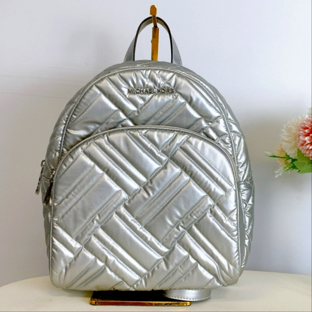 NWT MICHAEL Michael Kors Silver Abbey Quilted Leather Backpack